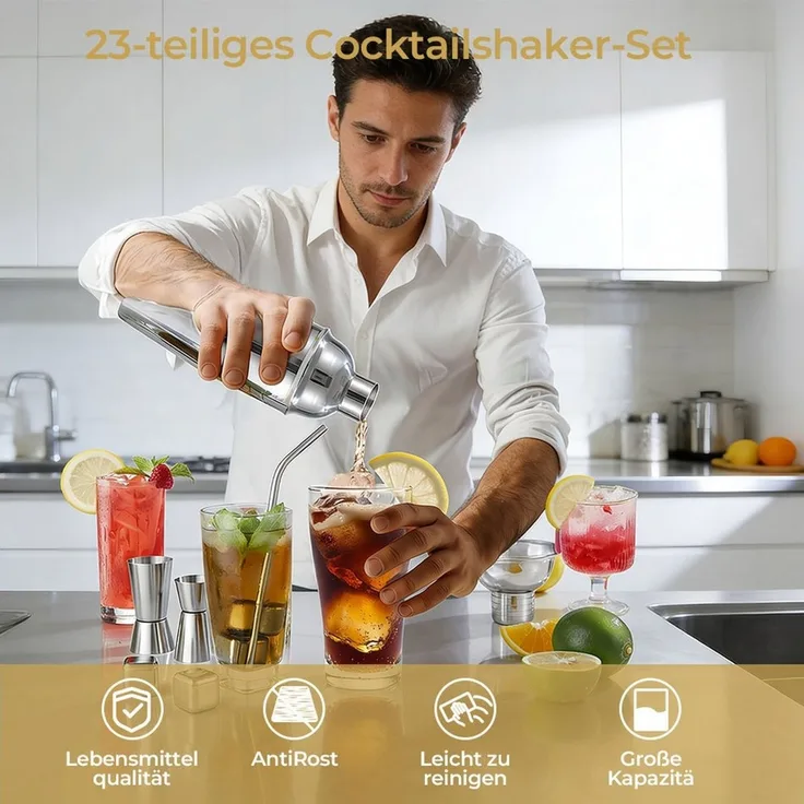 PFCTART Cocktail-Set Cocktail Set 23-tlg. mit Ständer, 750ml Edelstahl Cocktailshaker, (Set, 23-tlg, Cocktail Zubehör für Zuhause, Party & Geschenk, inkl. Acrylhalterung), Inkl. Rezeptbuch, Messbecher, Barsieb,Eissteine für perfekte Cocktails