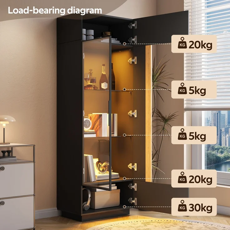 ZUBALIYA Vitrine (60 x 40 x 180 cm), LED - Beleuchtung, Glastüren, Aufbewahrung für Sammlerstücke, Geschirr und Dekoration, Schwarz – Bild 16