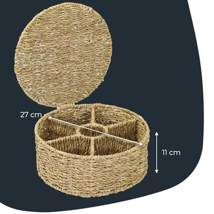 HMF Teebox Teebox für Teebeutel geflochten aus Seegras, Seegras, Tee Aufbewahrungsbox mit 7 großen Fächern, 27 x 27 x 11 cm – Bild 6