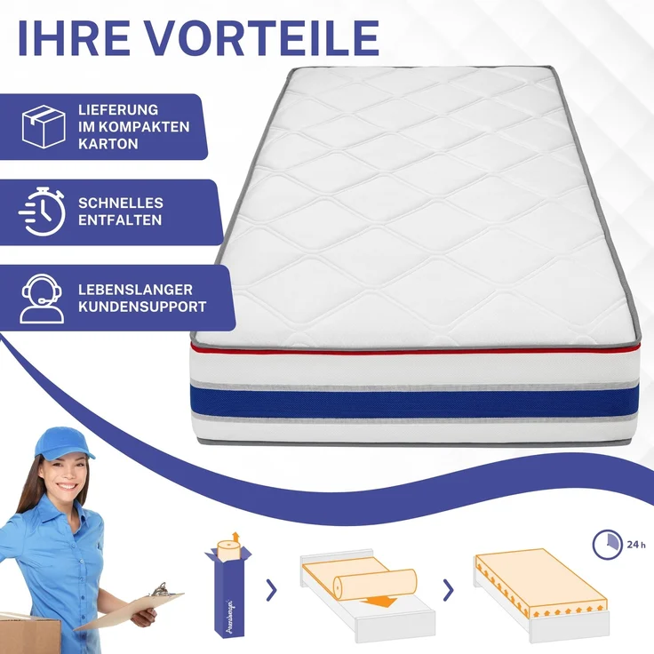 RELAXX Gel Matratze 120x200 cm mit 3D Memory Foam - 7 Zonen; 25cm Höhe; H2/H3 - Wendbare Kaltschaummatratze mit optimaler Druckentlastung – Bild 6