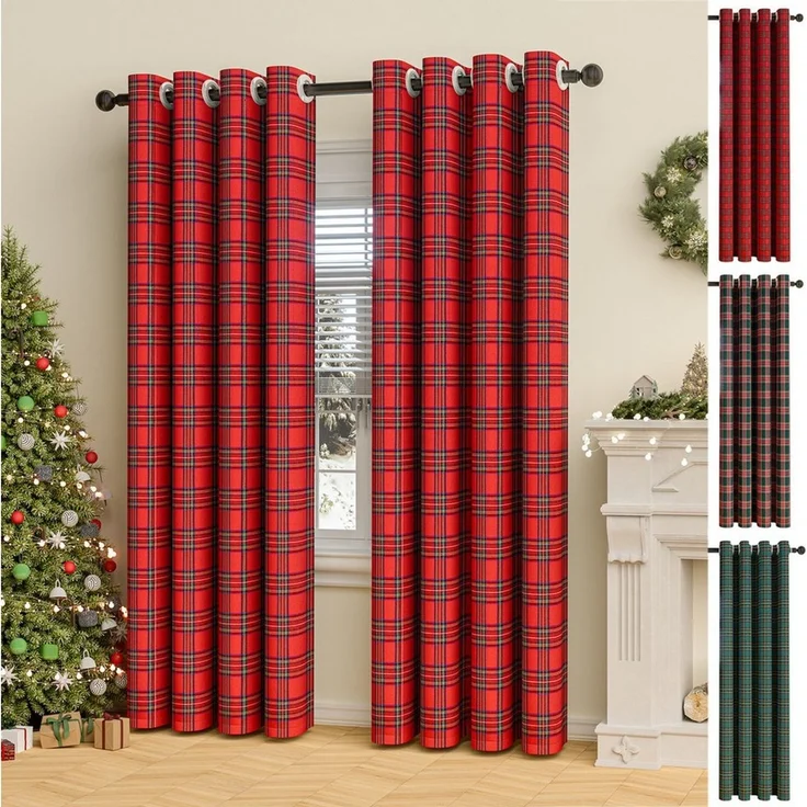 LMaxhome Verdunkelungsvorhang Blickdicht Karierter Weihnachtsvorhang Tartan Ösenvorhang Winter Deko, (1/2 St), 3 Farben, Fenster Gardinen für Schlafzimmer, Wohnzimmer – Bild 2