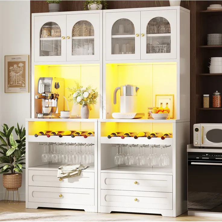 Hochschrank mit Glastüren, LED-Beleuchtung & Weinregal, 140x40x180 cm, Weiß