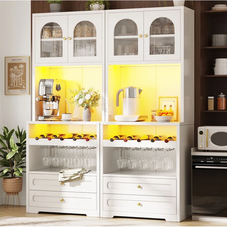 Hochschrank mit Glastüren, LED-Beleuchtung & Weinregal, 140x40x180 cm, Weiß – Bild 1