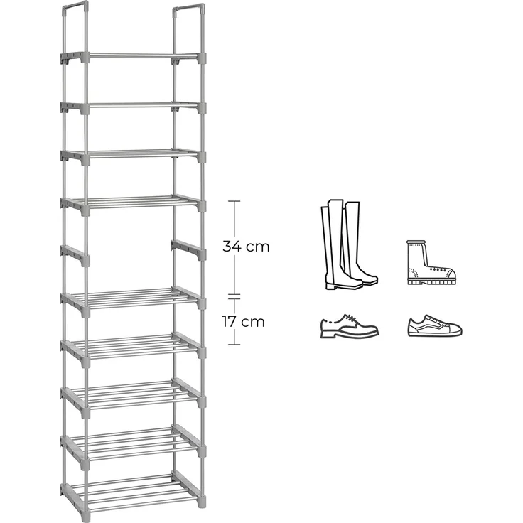 SONGMICS Schuhregal mit 10 Ebenen, offener Schuhschrank hoch, Schuhständer schmal, Schuhaufbewahrung, aus Metall, platzsparend, für Ankleidezimmer, Flur, 30 x 45 x 174 cm, grau – Bild 8