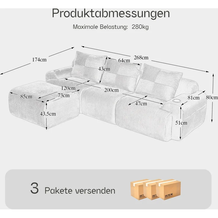 DESVIAE Sofa 3-Sitzer modular mit Getränkehalter und Seitentasche 268x80x174 cm Cord Hellgrau – Bild 9