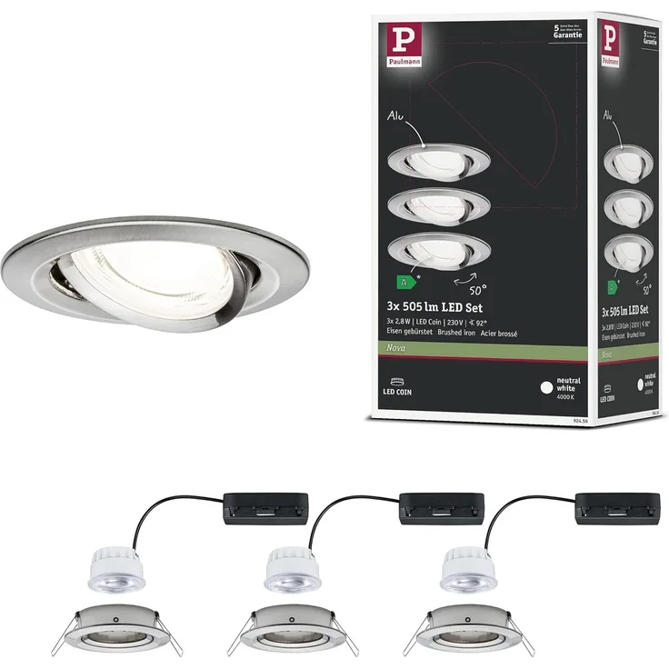 LED Einbauleuchte Nova Coin 3er-Set rund 84mm 50° 3x2,8W 3x505lm 230V 4000K Eisen gebürstet
