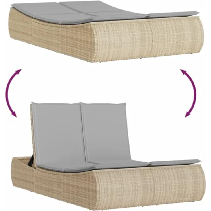 vidaXL Doppel-Sonnenliege mit verstellbarer Rückenlehne und abnehmbaren Kissenbezügen, Beige Poly Rattan – Bild 7