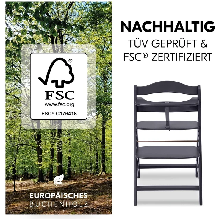 Hauck Kinder Hochstuhl Alpha+ - Mitwachsender Holz Babystuhl (FSC zertifiziert), Kinderhochstuhl ab 6 Monate, verstellbar, mit Schutzbügel, Schrittgurt in Lederoptik und 5-Punkt-Gurt - Dunkelgrau – Bild 6