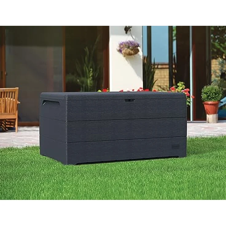 Duramax Cedargrain Durabox 416 Liter/ 110 Gallonen Kissenbox aus Kunststoff, Auflagenboxen für Terrasse und Gartenmöbel, abschließbare Kissenbox aus Kunststoff mit Gasflasche, Dunkelgrau – Bild 3