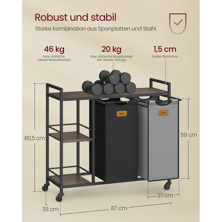 VASAGLE Wäschekorb 2 Fächer, Wäschesammler 100 L, Wäschesortierer, Rollen, Wäschewagen mit Ablagen, Wäschesack, mit abnehmbaren Taschen, 6 Etiketten, kastanienbraun-tintenschwarz-taubengrau – Bild 5