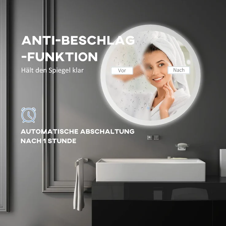 Kleankin Spiegel mit Beleuchtung, Touch-Schalter, Memory-Funktion (Wandspiegel, 1-St, Badezimmerspiegel), Anti-Beschlag, Ø60 x 3 cm – Bild 5