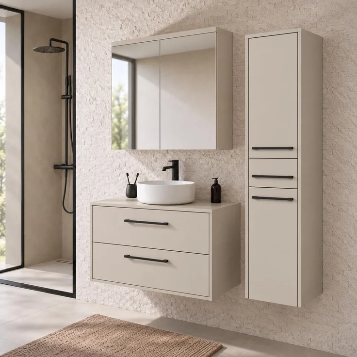 Badplaats Waschtischunterschrank-Set Florence 80 x 46 cm - Cashmere - mit Spiegelschrank und Hochschrank – Bild 3