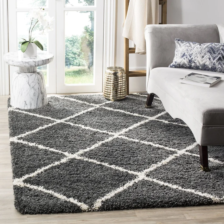 SAFAVIEH Zottelig Teppich für Wohnzimmer, Esszimmer, Schlafzimmer - Hudson Shag Collection, Hoher Flor, Dunkelgrau und Elfenbein, 122 X 183 cm