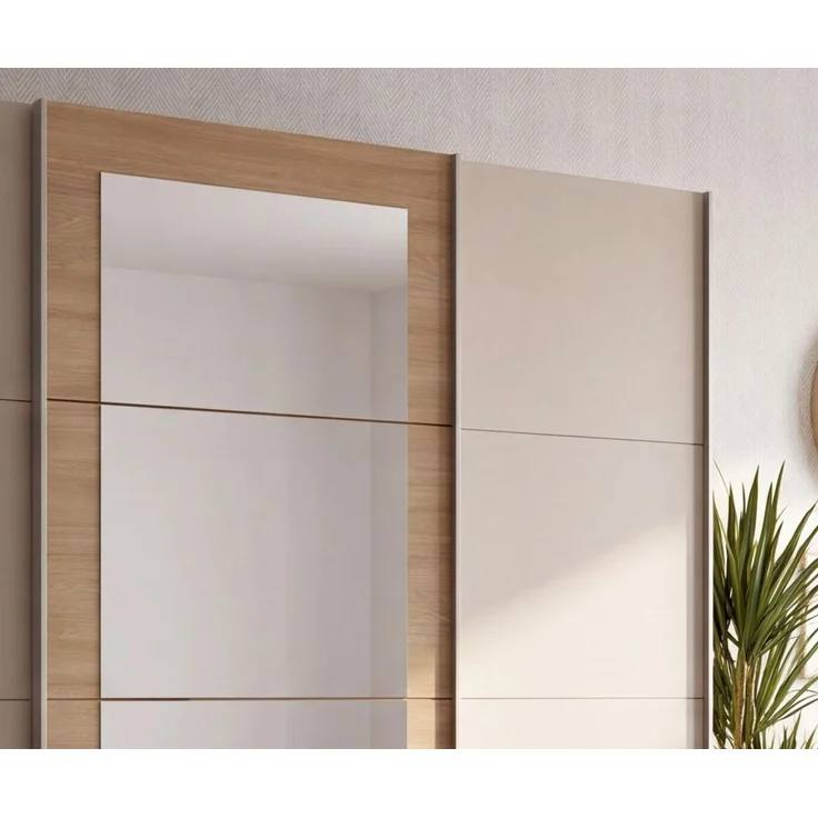 Schwebetürenschrank 3-trg. Kleiderschrank 225 cm Beige Grau, Eiche Natur Spiegel – Bild 5
