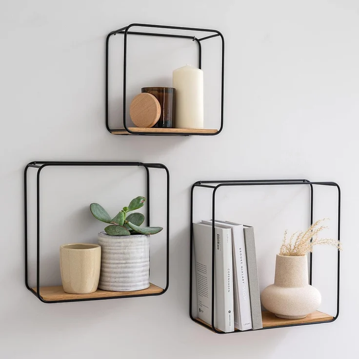Kazai. Wandregal-Set -Jona- | 3-Teiliges Hängeregal aus Metall und Echtholz-Veneer | Wanddeko und Ablage für Bad, Wohnzimmer, Küche, Schlafzimmer und mehr | Eiche – Bild 1