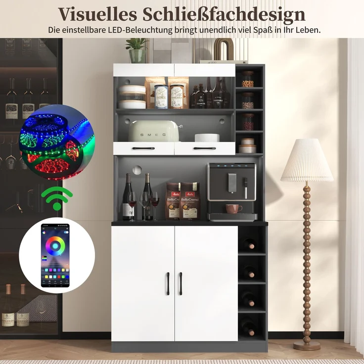 100x47x187cm, Küchenschrank, Buffet mit LED-Ambiente-Beleuchtung und Kabellöchern, Küchen-Highboard aus Holz, großer Platz für Mikrowelle, freistehend, höhenverstellbare seitliche Ablagefächer – Bild 2