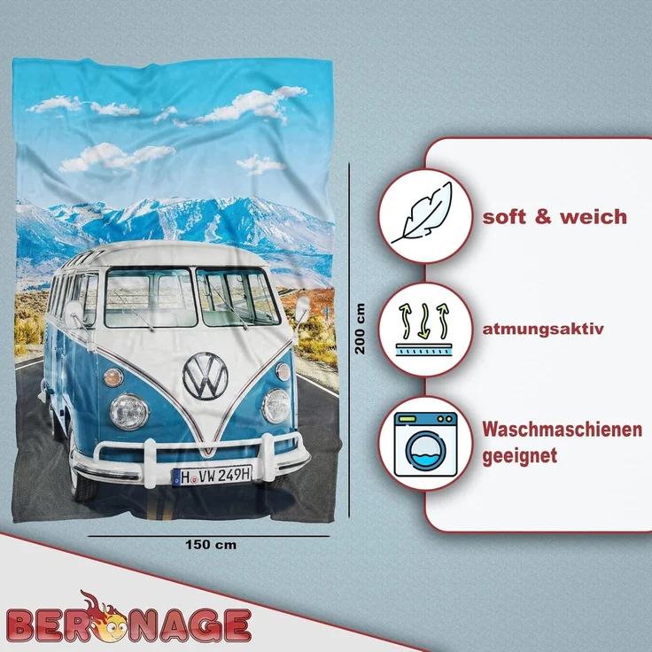 BERONAGE Tagesdecke Volkswagen Decke VW Bulli T1 Adventure Blau 150x200 cm Kuscheldecke, passend zur Bettwäsche, ideal für Sofa, Couch, Bett, Auto, Camping – Bild 2