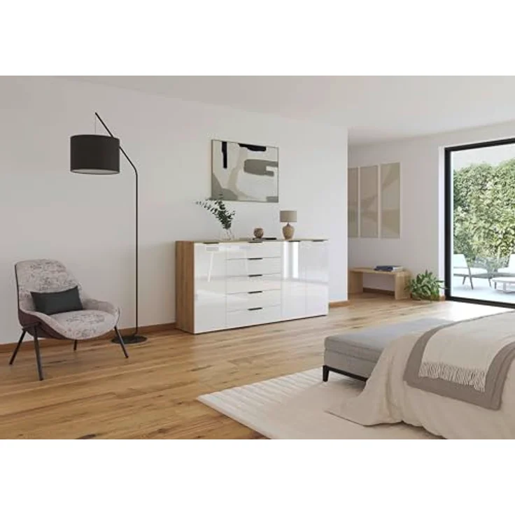 Rauch Möbel Flipp, Kombikommode, Kommode mit Stauraum für Wohnzimmer, Schlafzimmer, Flur, 4 Fachböden, Eiche Artisan/Glasfront Weiß, 3-türig, Glastüren, 5 Schubkästen, Griffe graphit, 199 x 100 x 42 cm – Bild 3