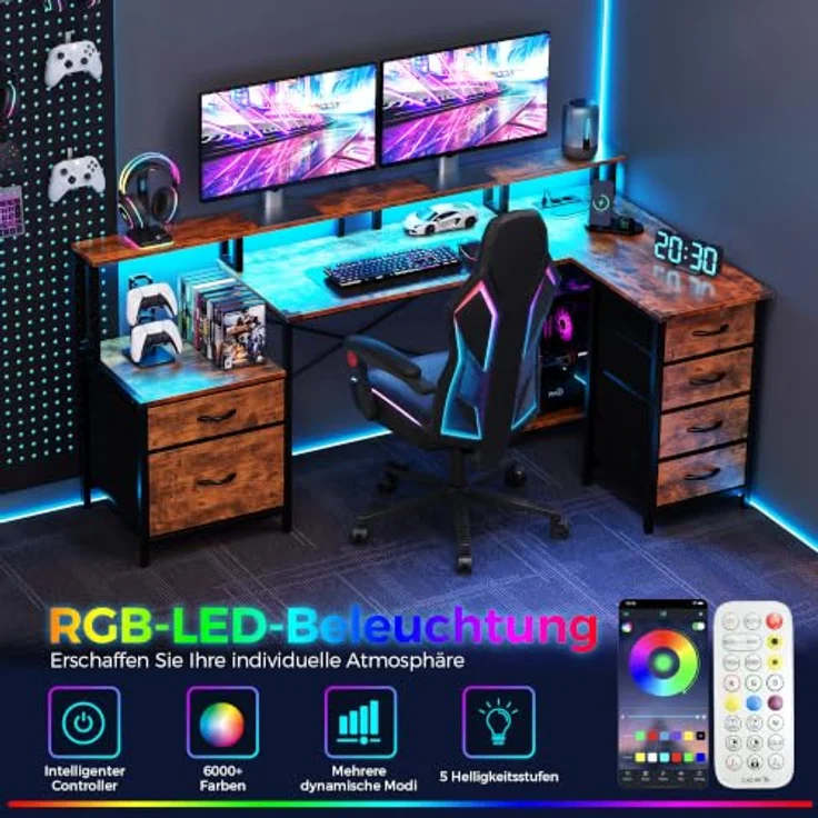 IRONCK Schreibtisch L Form Gaming Tisch mit LED & Steckdosen 2AC+1USB+1C, 189x100cm Eckschreibtisch mit 6 Schubladen&Monitorständer, Reversible Computertisch mit Stauraum für Home Office Vintagebraun – Bild 4