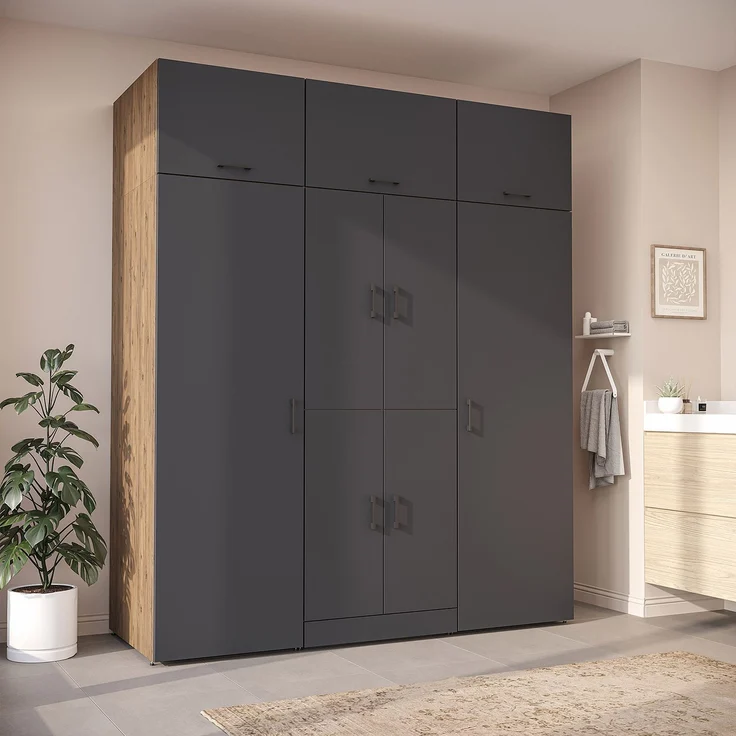 Roomart Waschmaschinenschrank - DORA-I- 190 cm breit - Wasch- & Trocknerschrank mit 2 Hochschränken, Türen & Ausziehbrett, Waschmaschinen-Überbau für Waschküche & Hauswirtschaftsraum • Anthrazit-Eiche – Bild 1