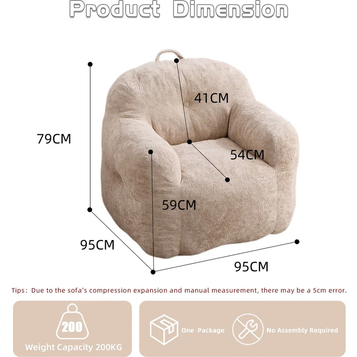 Sitzsack mit Füllung aus Schaumstoffflocken, Kunstfell-Sitzsacksofa mit Armlehnen, für Wohnzimmer, Schlafzimmer und Leseecke, keine Montage erforderlich, Beige – Beige – 95 x 95 x 79 cm – YOUDENOVA – Bild 3
