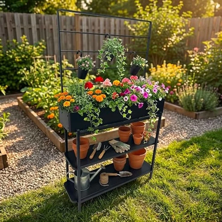 dobar® Metall-Hochbeet mit Rankgitter und 3 Hängetöpfen – Pflanzregal aus pulverbeschichtetem Stahl mit 2 Ablagen – Pflanzkasten für Balkon, Terrasse und Garten – 94 x 30 x 155 cm - Anthrazit – Bild 5