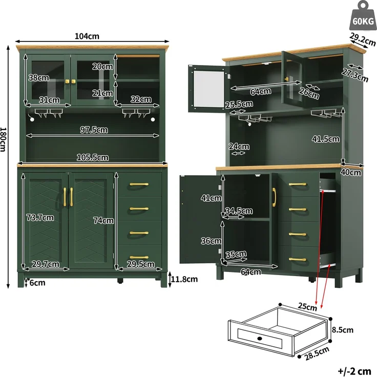 Seitenboard / Aufbewahrungsschrank / Küchenschrank / Buffetschrank, 105.5x40x180cm, Landhausstil, 4 Türen, mit LED-Lichtleiste & Getränkehaltern, Grün/Schwarz/Weiß--Grün--105.5x40x180cm--YOUDENOVA – Bild 6