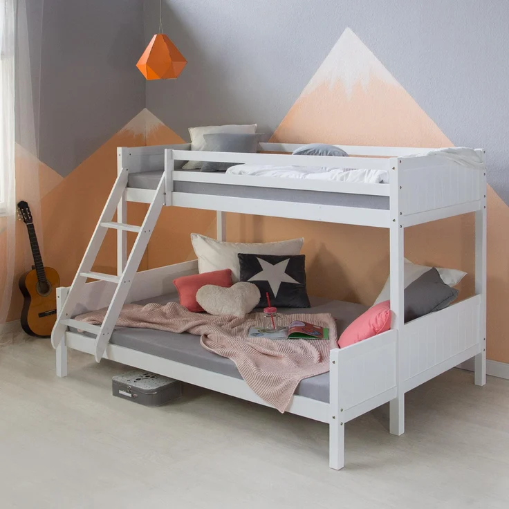 Kinderbett Etagenbett 90x200 und 140x200 Jugendbett Hochbett Weiß Holz inklusive Matratzen – Bild 2