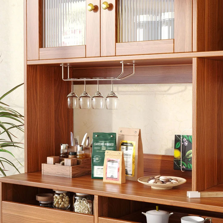 Restaurant-Hochschrank (145 x 39 x 171 cm), modernes und schlichtes Design, mit Changhong-Glastür, Weinglasregal, mehrschichtigem Stauraum, Holzstruktur und Golddekoration, geeignet für Restaurants--Walnussbraun--145x39x171cm--YOUDENOVA – Bild 10