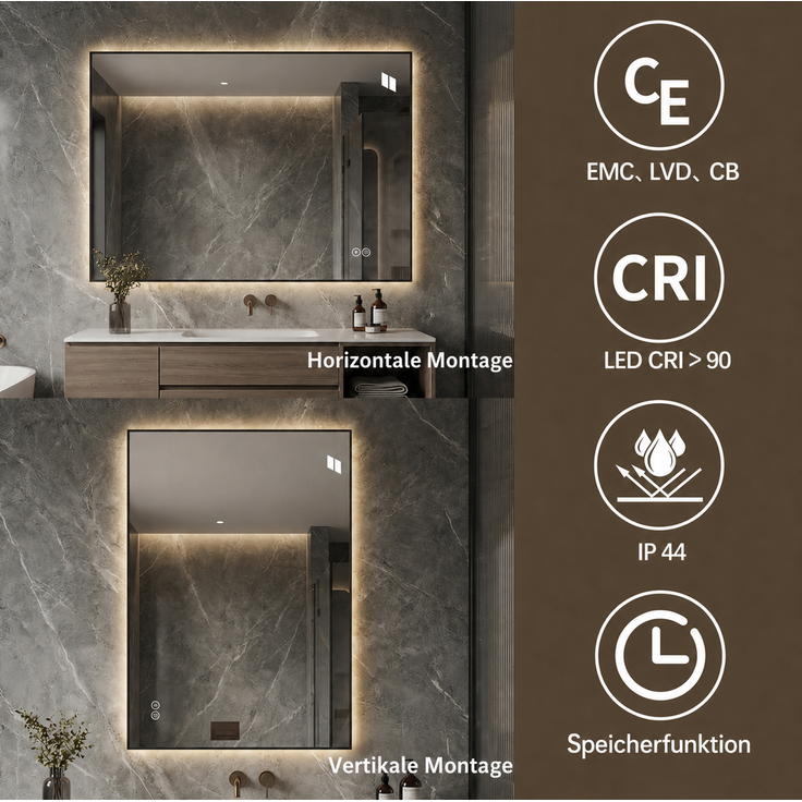 LED-Badezimmerspiegel 70x90 cm, hinterleuchtet, dimmbar, Silber – Bild 6