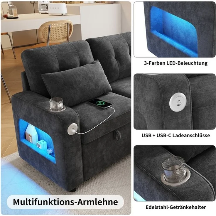 Merax Ecksofa mit LED‑Beleuchtung & USB, L-förmiges Sofa mit Schlaffunktion, multifunktionales Schlafsofa aus Chenille, für Wohnzimmer/Schlafzimmer 1 Teile, 3-Sitzer-Sofa mit Getränkehalter, Seitentaschen & verdeckten Stauraum – Bild 4