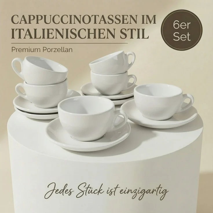 MUVELL Cappuccinotasse 6er Cappuccino-Set "VERONA" Tasse 200ml + Untertasse, weiß, 6-tlg, Keramik, 200 ml Weiß mit weißen Rand und Innenfläche – Bild 2