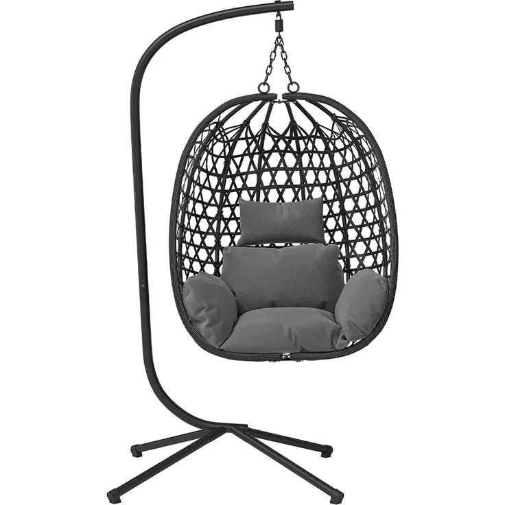 STEELSØN 'Sarin' Hängesessel mit Metallgestell, höhenverstellbar und faltbar, wetterfest, Polyrattan, dunkelgrau/schwarz, bis 150 kg belastbar, inkl. Kissen – Bild 11