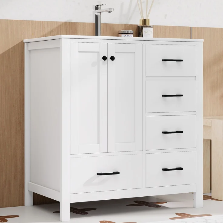 76*46*82 cm, freistehender Badezimmerwaschtisch, komplett lackiert, mehrere Schubladen zur Aufbewahrung, verstellbare Regalböden, integriertes Keramikwaschbecken, weiß. – Bild 4
