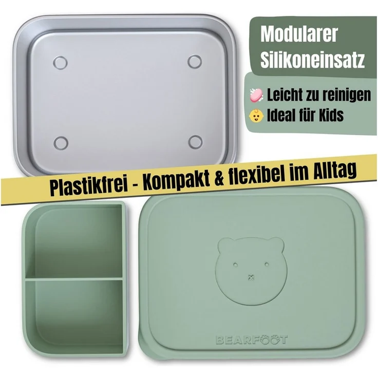 BEARFOOT Lunchbox Brotdose Kinder Edelstahl mit Silikoneinsatz - Salbei, Kindergarten und Schule - Mädchen und Jungen, Vesperbox, Snackbox – Bild 2