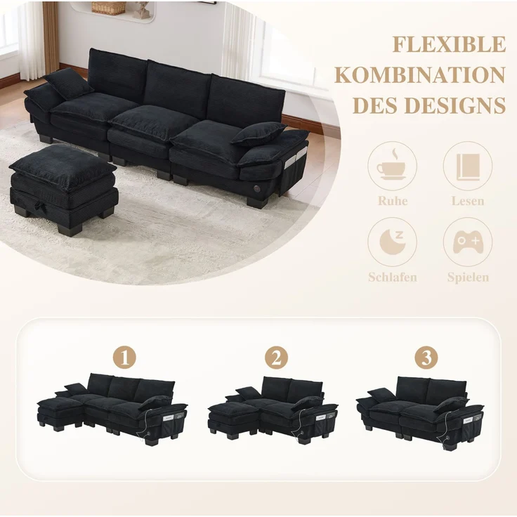 DESVIAE Sofa 3-Sitzer mit Hocker, 260x84x132 cm, Corduroy, Schwarz, mit USB-C-Anschluss und Stauraum – Bild 5
