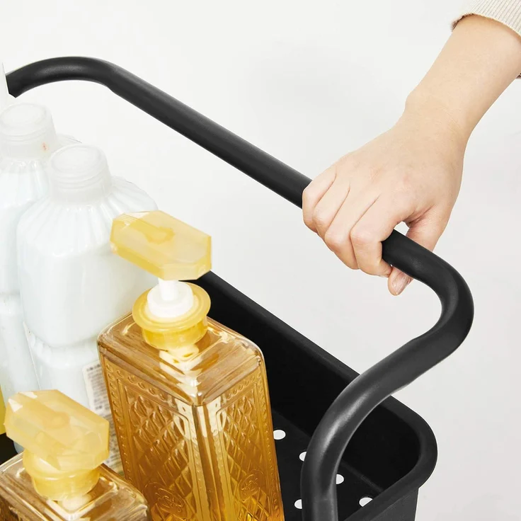 SONGMICS Rollwagen, 3 Ebenen, Servierwagen, Küchenwagen mit Griff, 2 kleine Einhängefächer, 2 Bremsen, Ablagefächer aus Kunststoff, einfacher Aufbau, Schlafzimmer, Waschküche, schwarz BSC067B01 – Bild 8