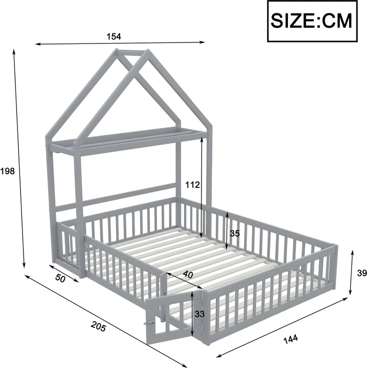 Kinderbett 140 x 200, Kinderbettgestell aus Massivholz mit Stauraum, Vollschutzgitter und Türen und Lattenrost, Grau – Bild 5