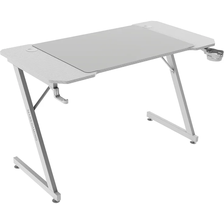 Mars Gaming MGD-X120, Gaming-Schreibtisch Ergonomisch, Oberfläche aus Karbonfaser, Metallrahmen, XXL-Mauspad, Kopfhörer- und Getränkehalterung, Kabelmanagement, Gaming-Tisch 120x60 cm, Weiß
