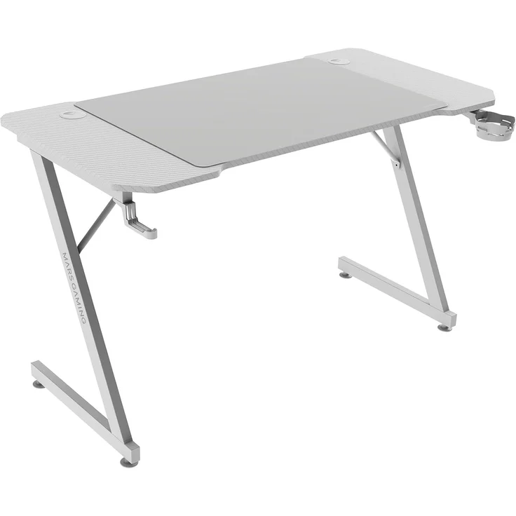 Mars Gaming MGD-X120, Gaming-Schreibtisch Ergonomisch, Oberfläche aus Karbonfaser, Metallrahmen, XXL-Mauspad, Kopfhörer- und Getränkehalterung, Kabelmanagement, Gaming-Tisch 120x60 cm, Weiß