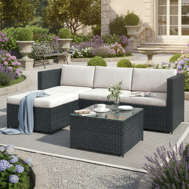 Merax Polyrattan Gartenmöbel Set (2-tlg), Balkonmöbel Set Kleiner Balkon Loungeset, Terassenmöbel Wetterfest mit Sofa, Tisch, Hocker und Kissen, Schwarz
