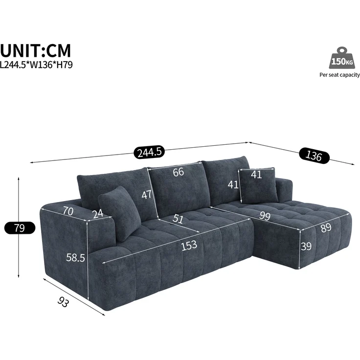 DESVIAE Sofa modular mit 2 Kissen 244,5x79x136 cm Chenille Blau – Bild 10