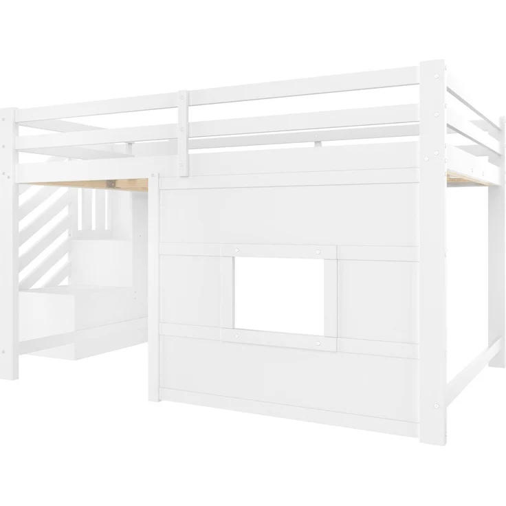 Hochbett mit Lattenrost und LED-Beleuchtung, 140x200 cm, Treppe mit Regal, Kinderbett mit Rausfallschutz, Spielbett, Kiefer – Bild 8
