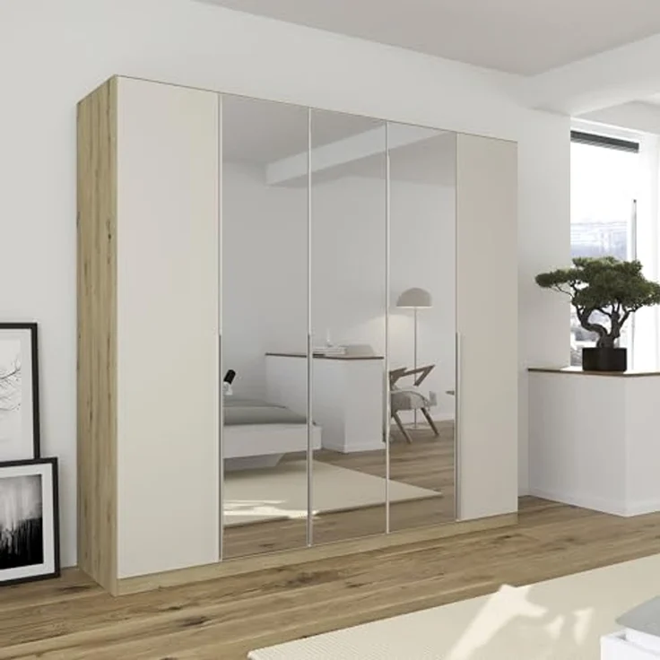 Rauch Möbel Alabama, Kleiderschrank für Schlafzimmer, Kinderzimmer, Wohnzimmer, Garderobe, Flur, 5-türig, Spiegel, mit Zubehör Premium, Farbe Beige/Eiche Artisan. Holz, Breite 226 cm – Bild 2