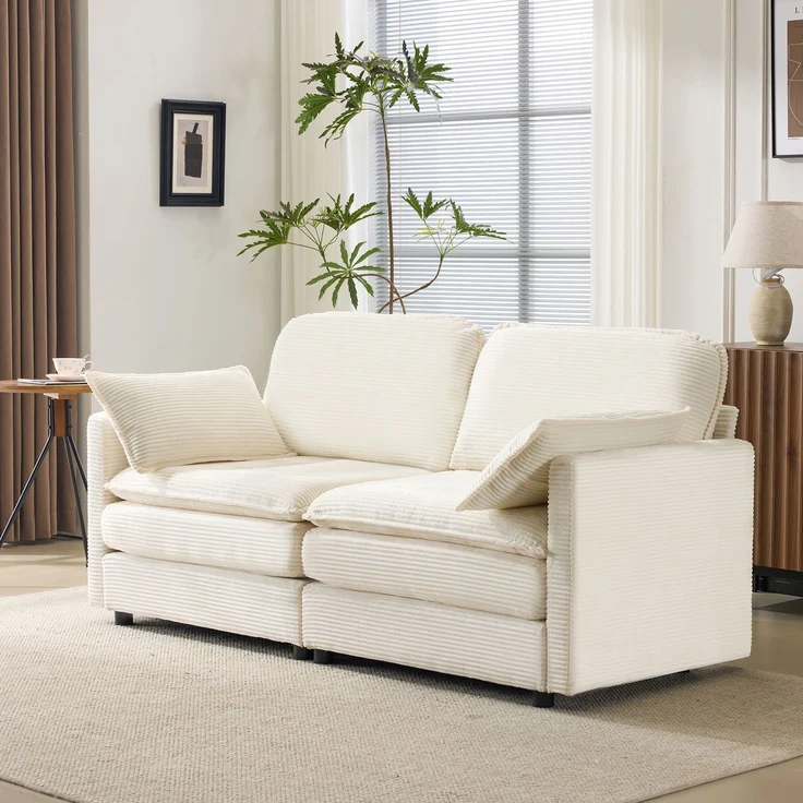2-Sitzer Sofa mit Holzrahmen und Kordstoffbezug mit stabilen Holzfüßen, weichem atmungsaktivem Cord-Stoff,Weiß – Bild 4