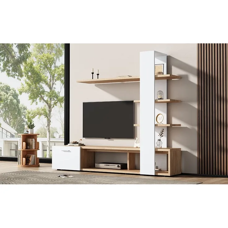 TV-Wandschrank Weiß Holzdekor für Fernseher bis 60 Zoll, Entertainment-Center mit offenen Regalen und Tür, schwebende Bücherregale