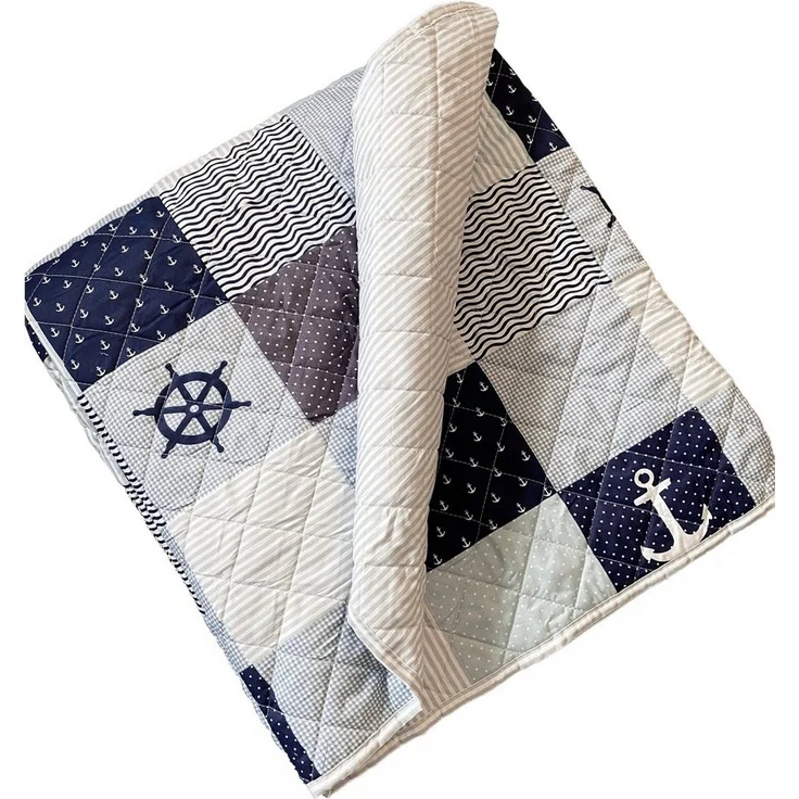 Delindo Lifestyle Bettüberwurf Patchwork maritim Anker blau, Patchwork – Bild 2