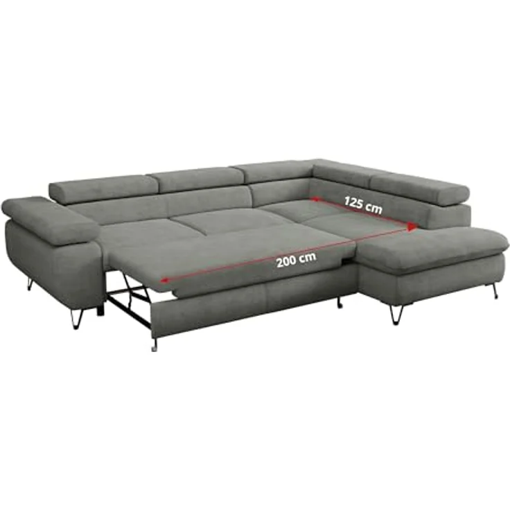 Mks Möbel 'Peter L-form' Ecksofa mit Bettfunktion, Bettkasten & einstellbaren Kopfstützen, Grau, Stoff, rechts – Bild 7