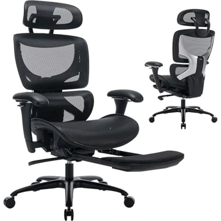 COLAMY Ergonomischer Bürostuhl mit Fußstütze, 3D-Armlehnen, Kopfstütze, Lendenwirbelstütze & Atmungsaktives Mesh – Schreibtischstuhl für Büro & Home Office, Schwarz – Bild 2