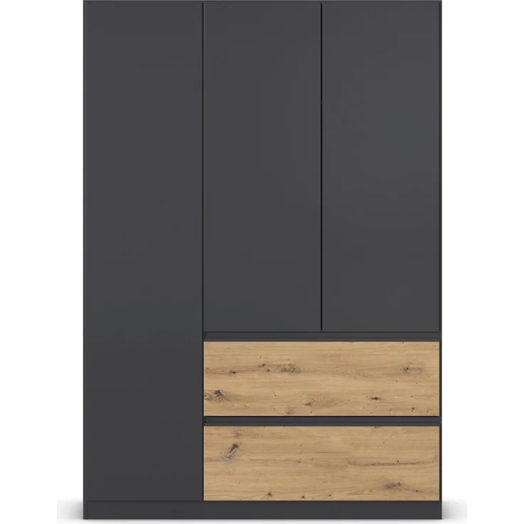 rauch Kleiderschrank, Drehtürenschrank COSTA, 3-türig, 2 Schubkästen, push-to-open, Grau metallic, 136 x 197 x 54 cm – Bild 2